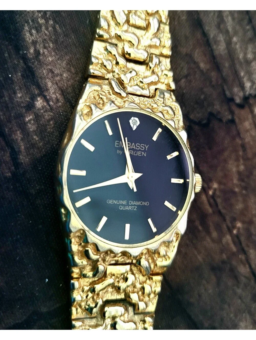 80s Vintage Retro Mens Gruen Real Diamond Gold Nugget Watch